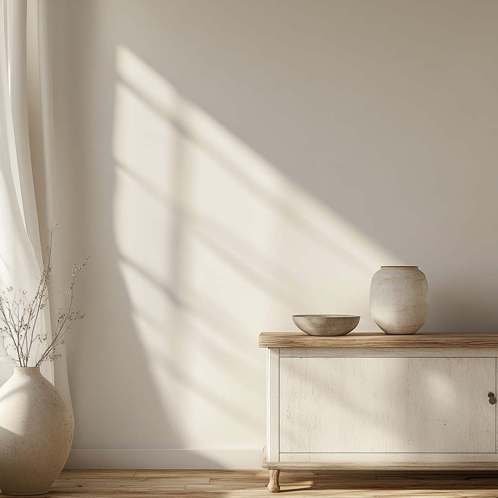 Cozy living room with white wall and vintage cupboard.