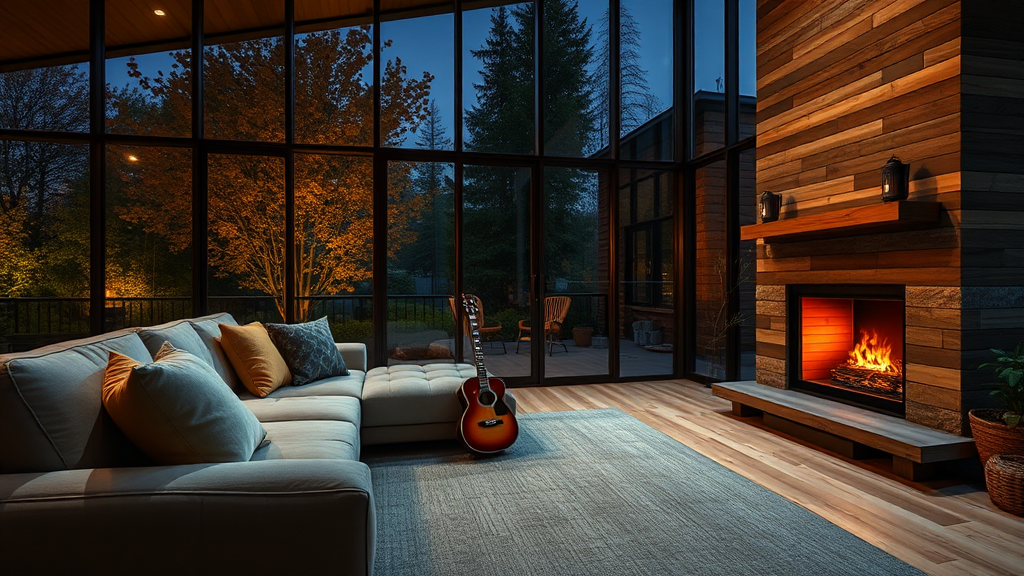 Cozy living room with windows, sofa, fireplace, guitar.