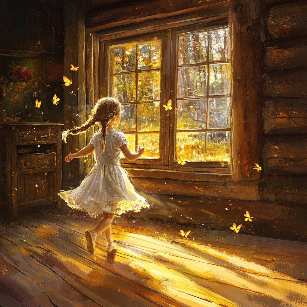 Cozy log home, little girl with butterfly braids