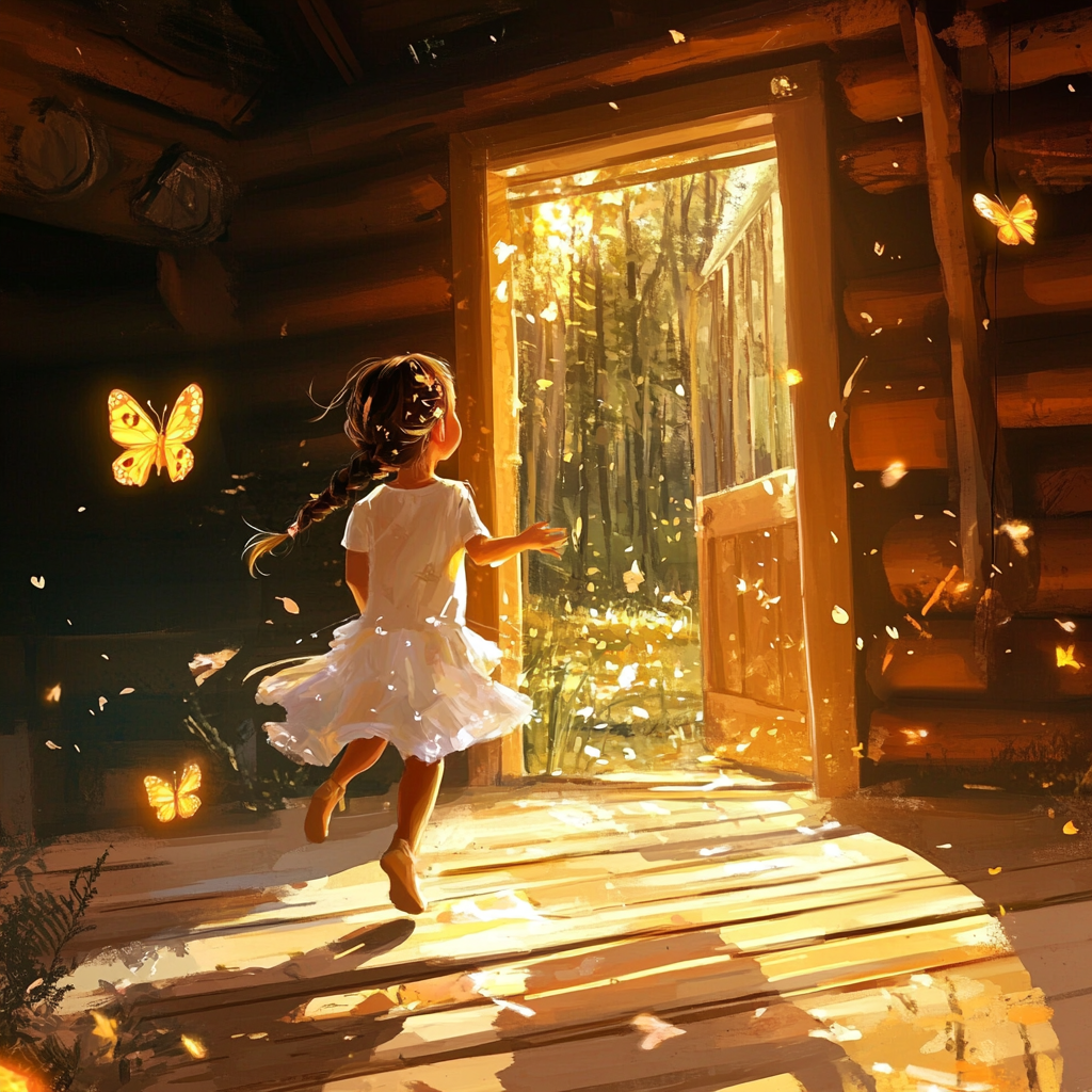 Cozy log home with little girl in butterfly braids, sunshine, and smiles. 