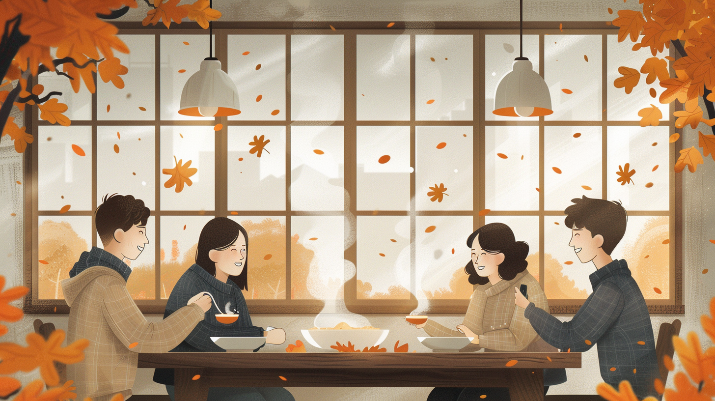 Cozy meal with friends in autumn setting.