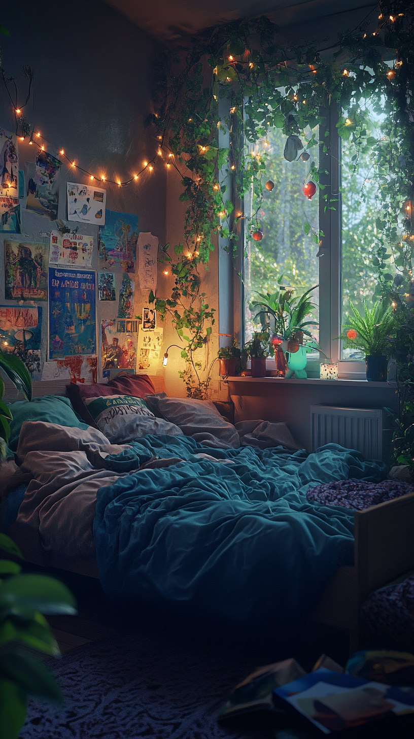 Cozy messy teenage bedroom with posters and plants.