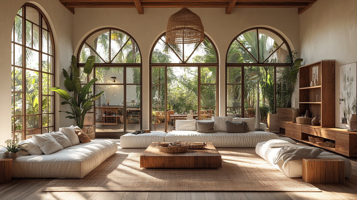 Cozy mid-century living room with rustic decor and fireplace.