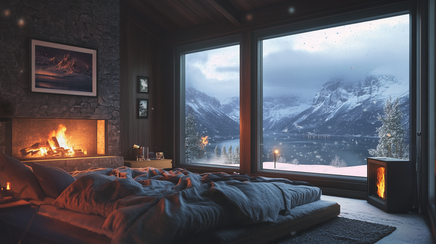 Cozy modern bedroom, messy bed, fireplace, snowy fjord view.