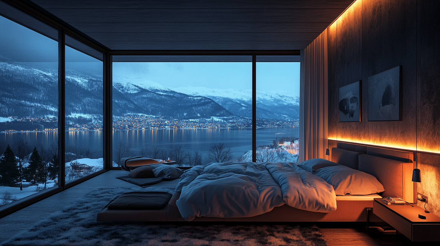 Cozy modern bedroom with gloomy evening lighting, snowy fjord.