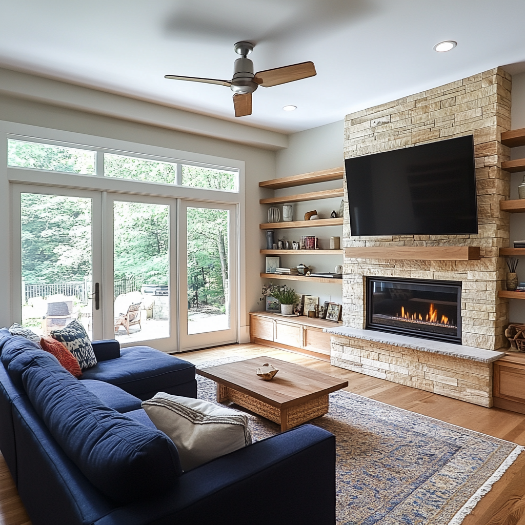 Cozy modern living room with stone fireplace and TV