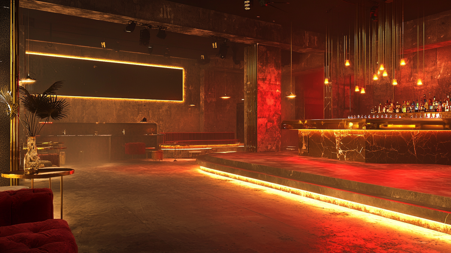 Cozy nightclub with industrial Art Deco design, vibrant lighting.