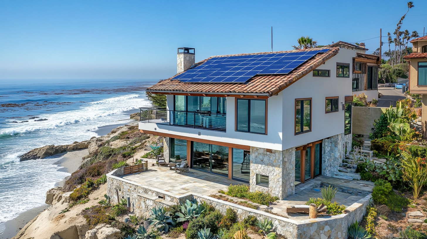 Cozy ocean-front house with solar panels and stone basement