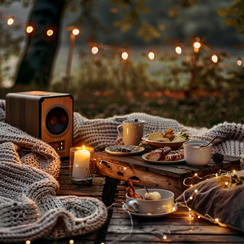 Cozy outdoor dinner with friends by bonfire