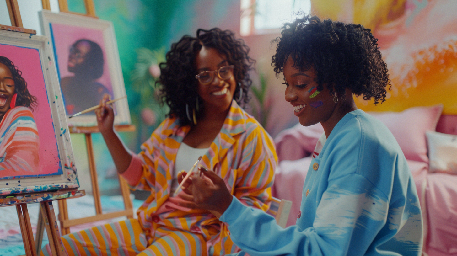 Cozy pajama party of black women painting together.