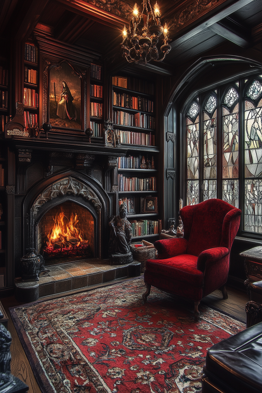 Cozy reading nook with old books near fireplace.