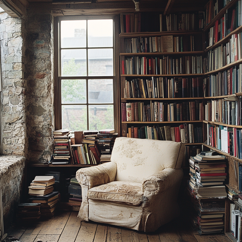 Cozy reading nook with vintage bookshelves and armchair.