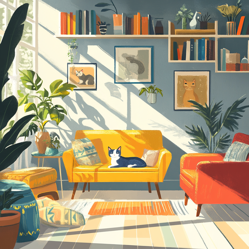 Cozy room with colorful furniture, cats basking in sun.