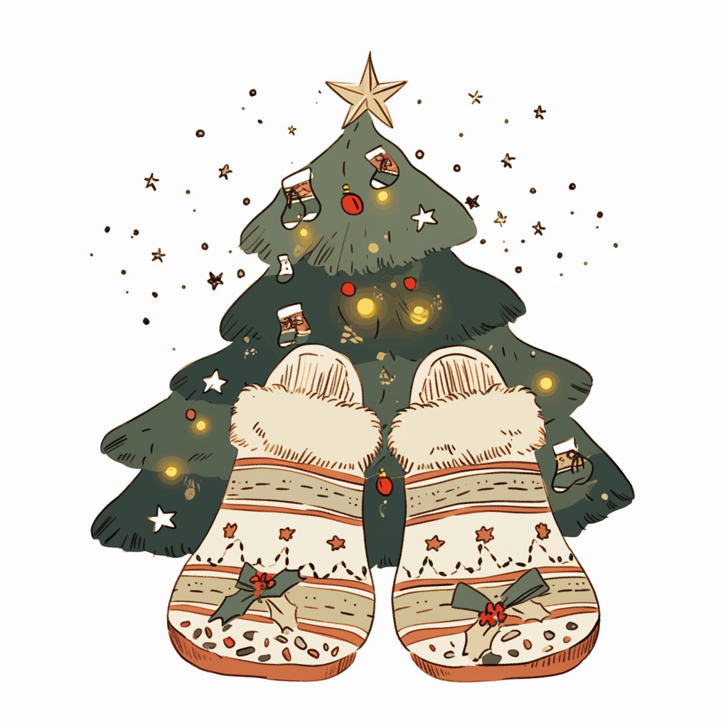 Cozy slippers by Christmas tree, with simple coloring