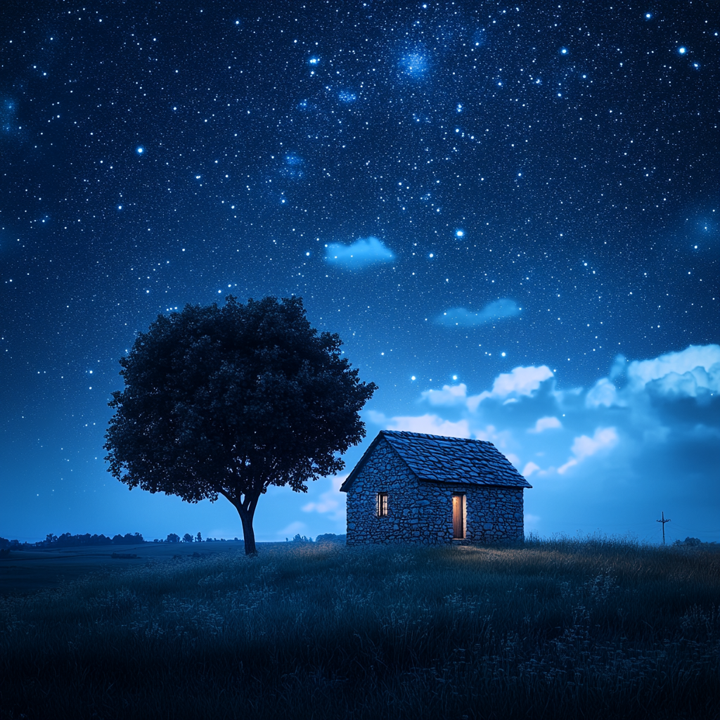 Cozy stone house under starry night sky by tree.