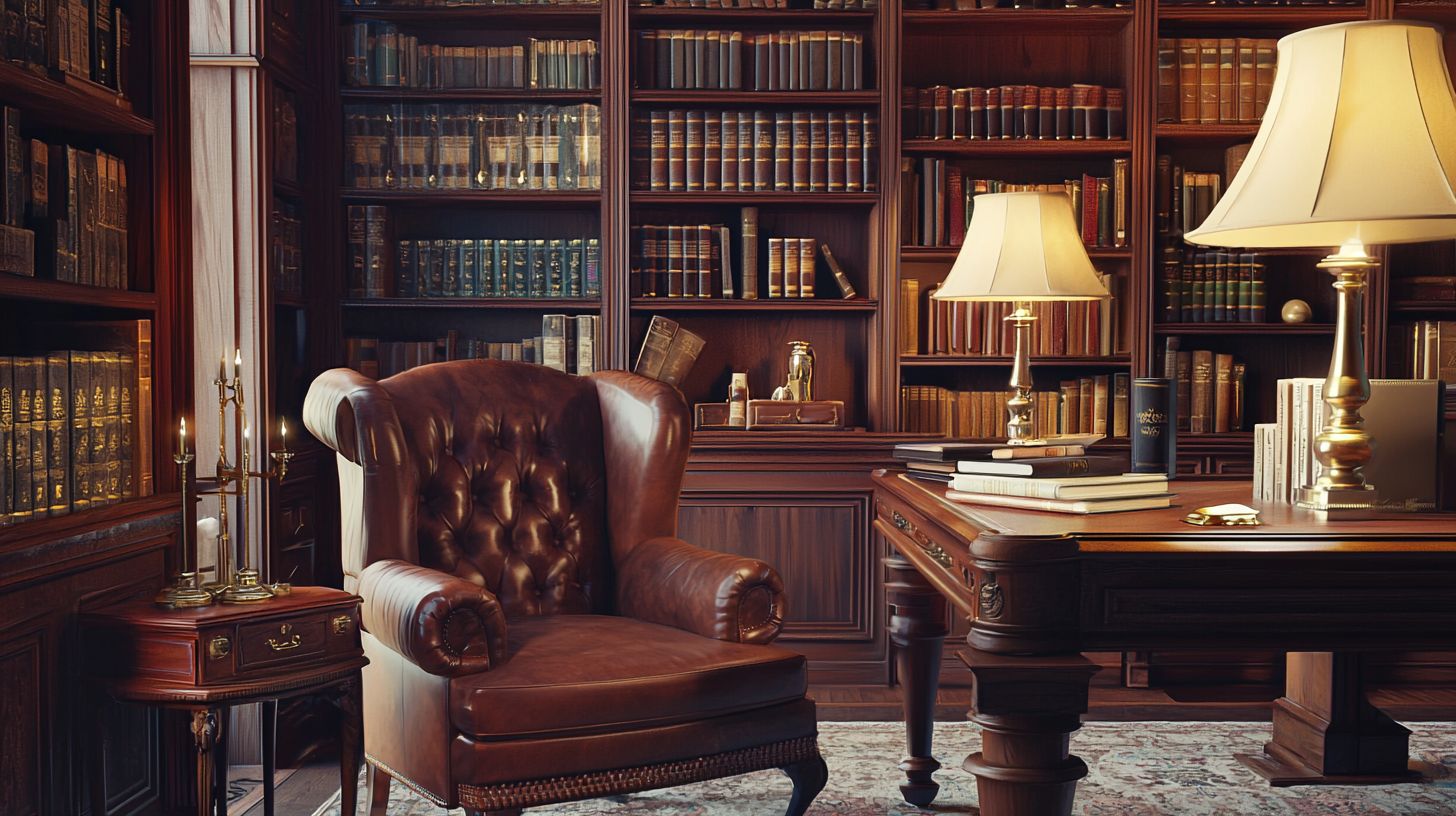 Cozy study room with vintage furniture and warm lighting.