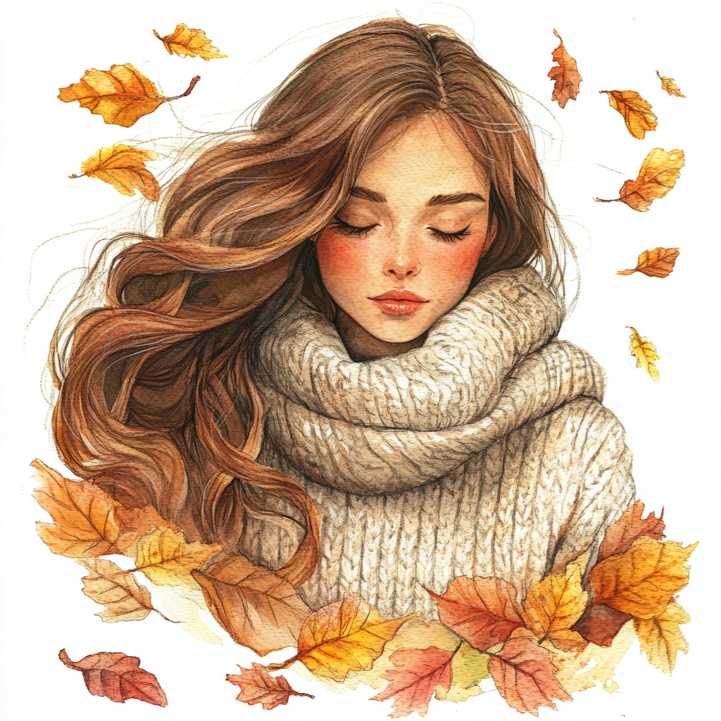 Cozy sweater girl with fall colors illustration clipart.