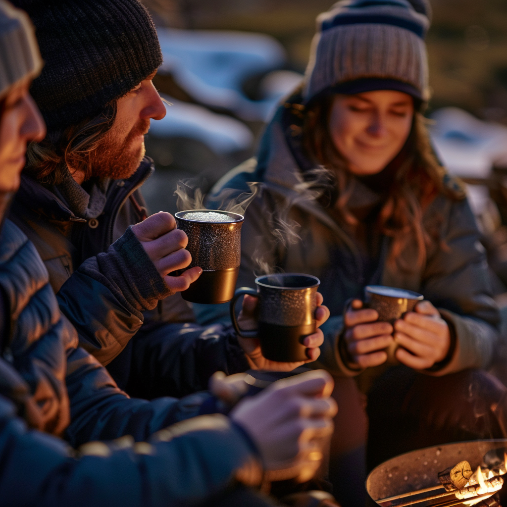 Cozy team by campfire with drinks and snacks