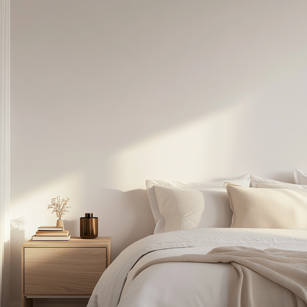 Cozy white bedroom with blurred nightstand and books.