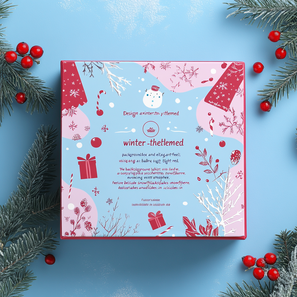 Cozy winter packaging box with baby pink, light blue, red.