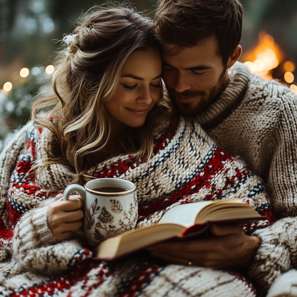 Cozy winter scene with couple holding warm mug