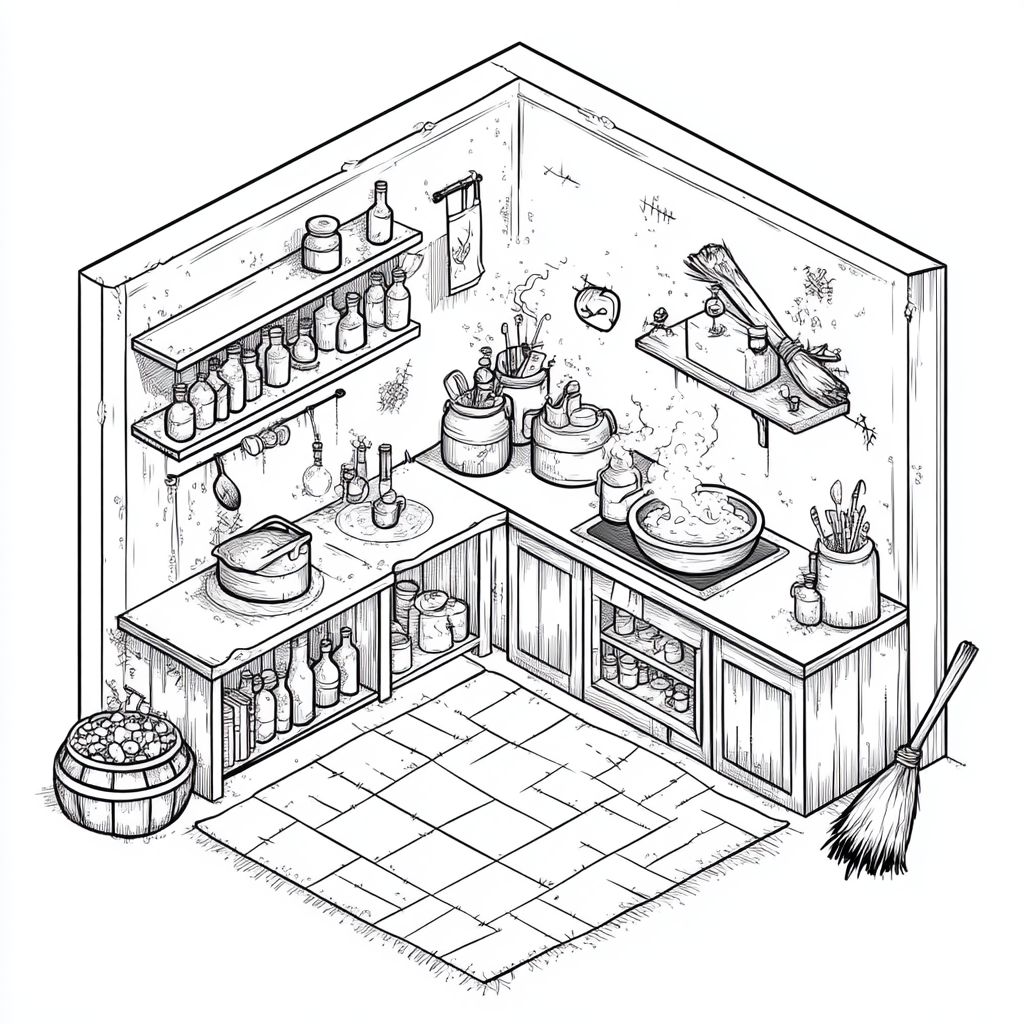 Cozy witchy kitchen in isometric view with cauldron.