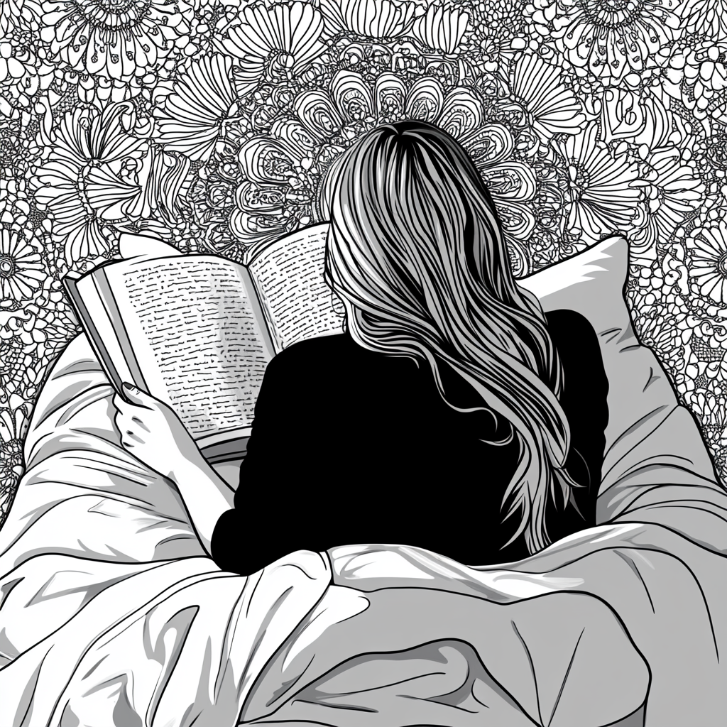 Cozy woman reading book in bed with mandalas