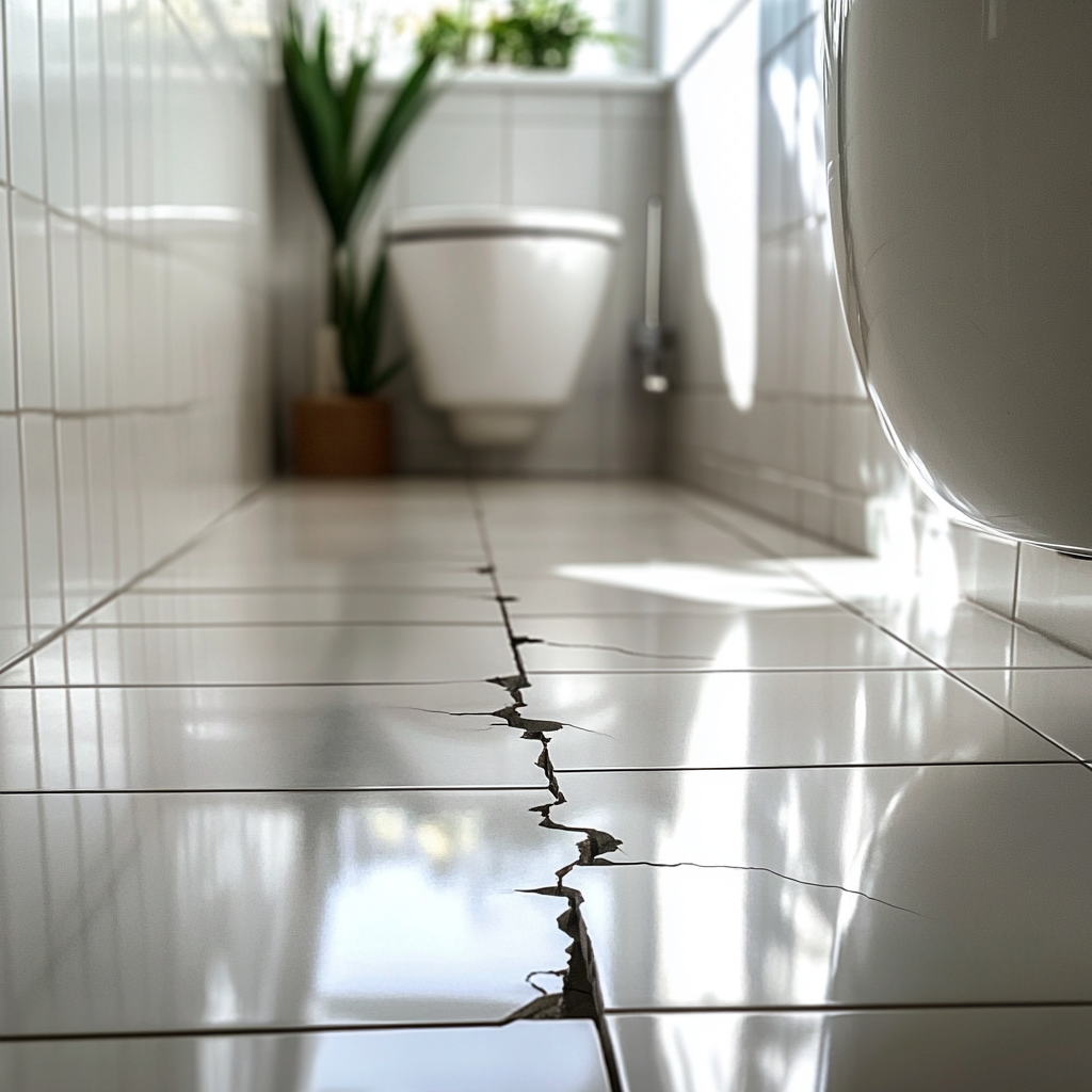 Crack in tile of clean Airbnb bathroom for documenting.