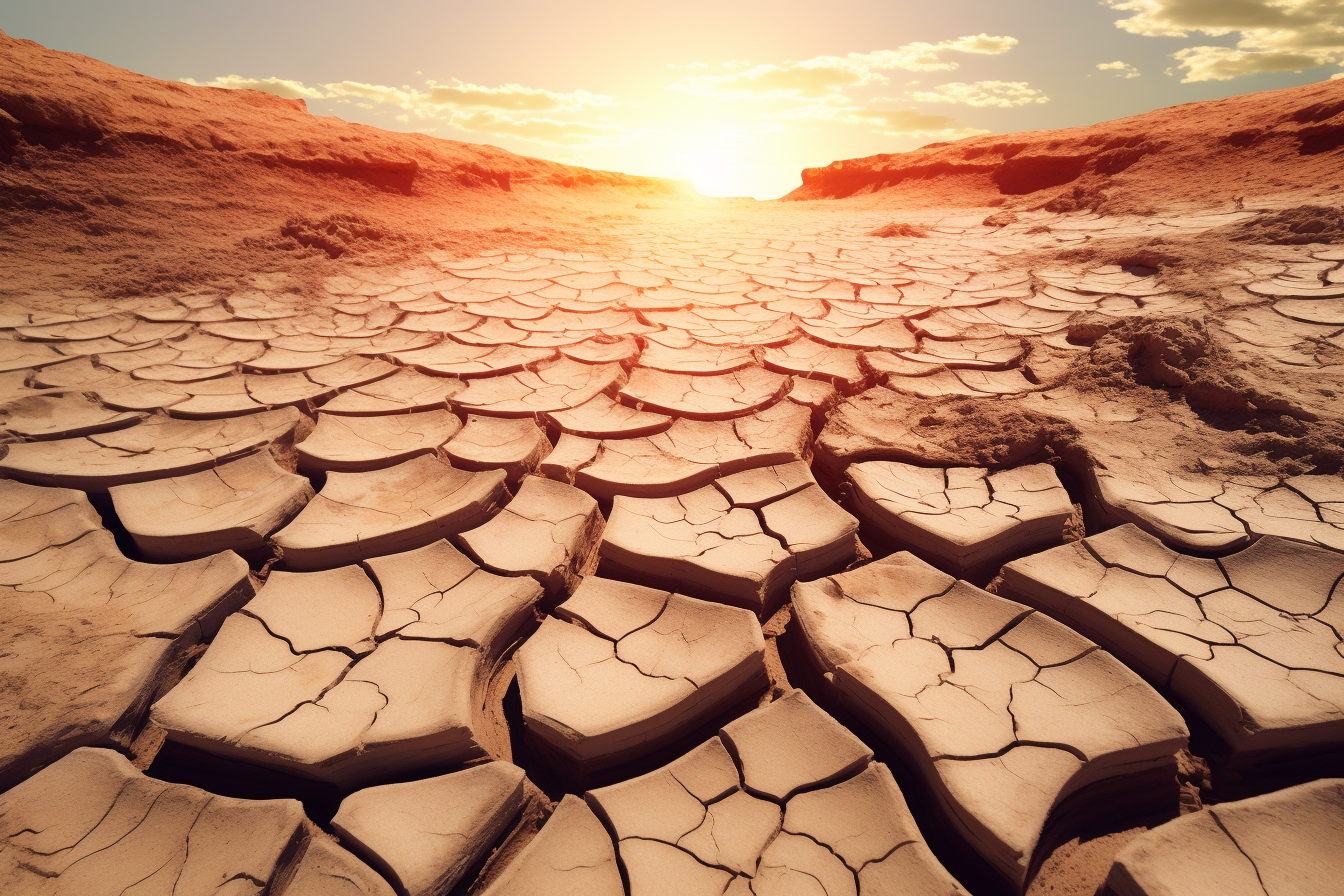 Cracked earth in dried-up riverbed, parched ground patterns.