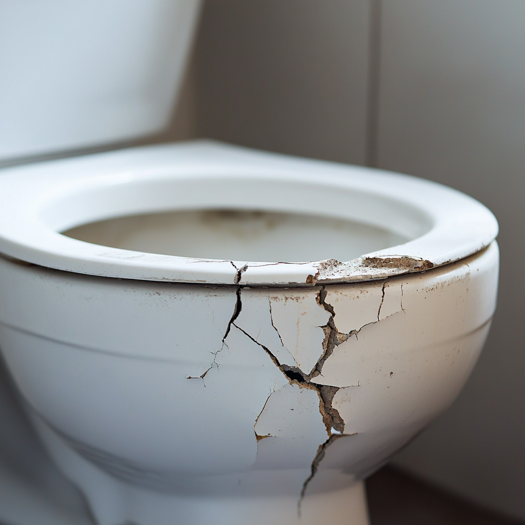 Cracked toilet in clean modern bathroom with visible damage.