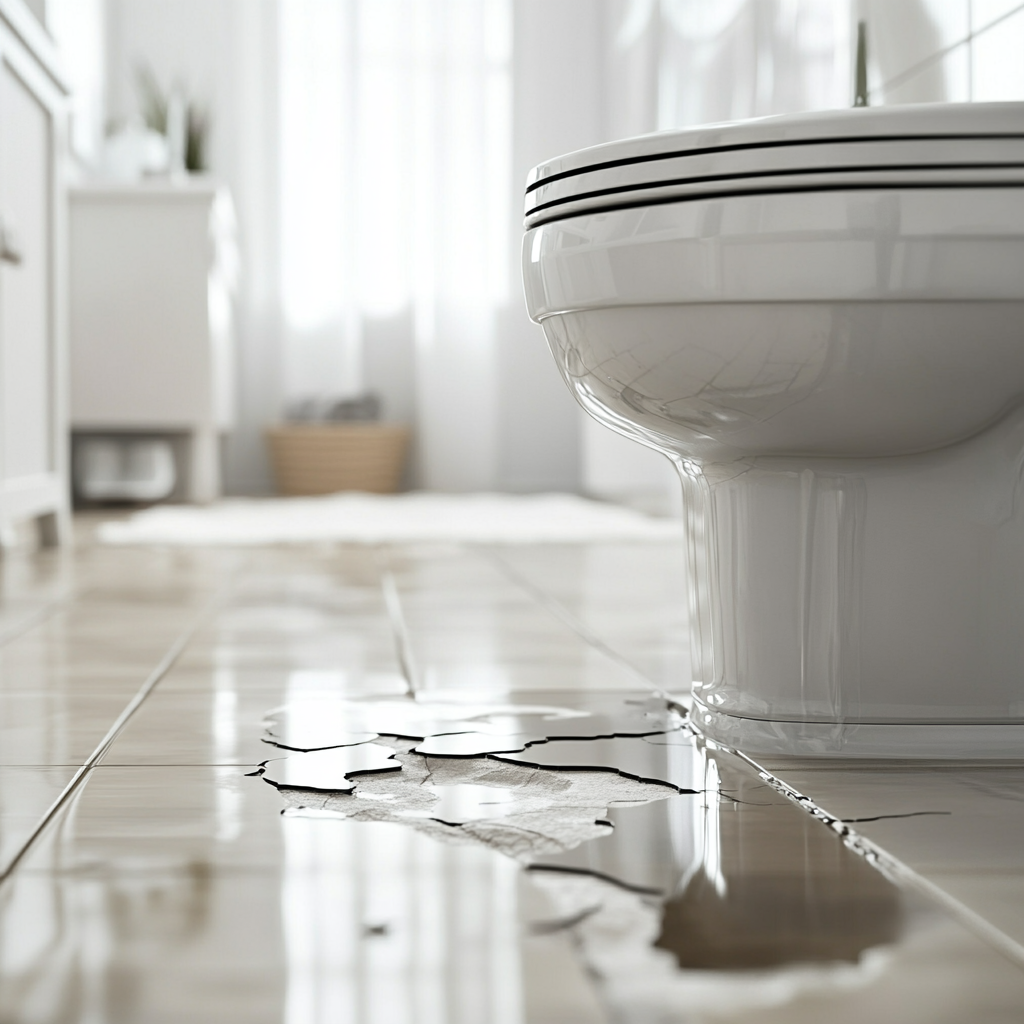 Cracked toilet leaking water onto floor in modern bathroom.