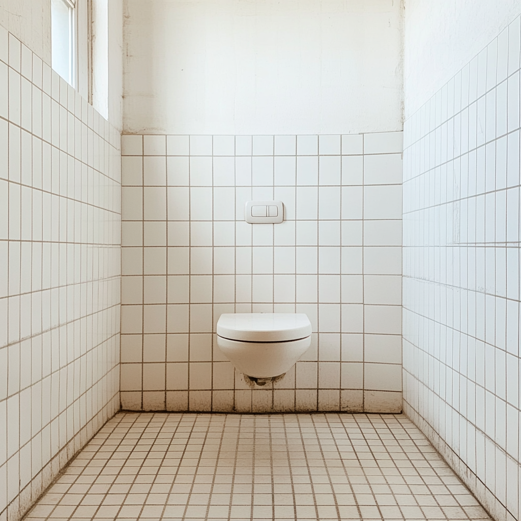 Cracked toilet tank in a simple white bathroom.