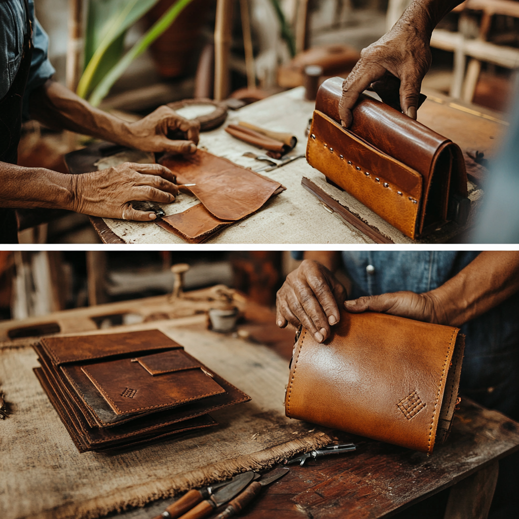 Crafting luxury leather bags in rustic Nicaraguan workshop.