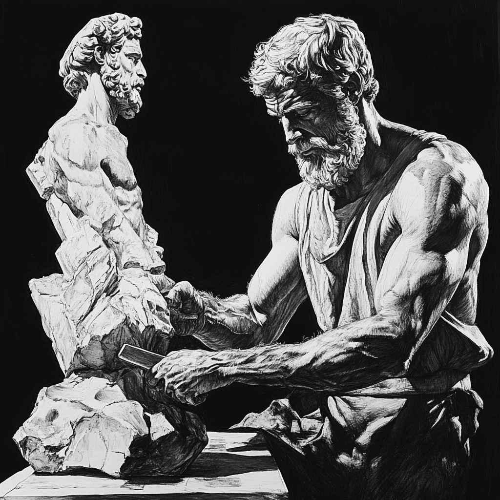 Craftsman Chiseling Statue Illustration Drawing Stoicism Labor 