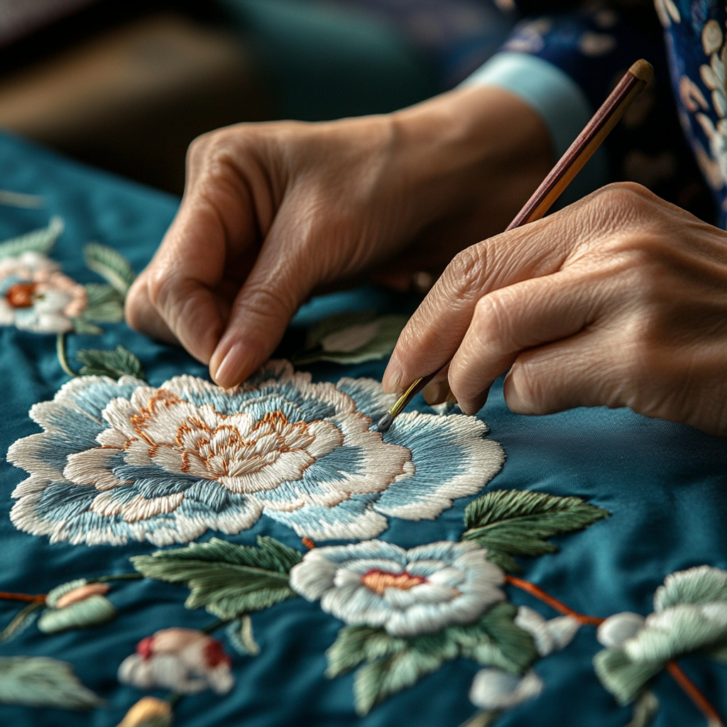 Craftsman embroiders peony; camera captures delicate Chinese style