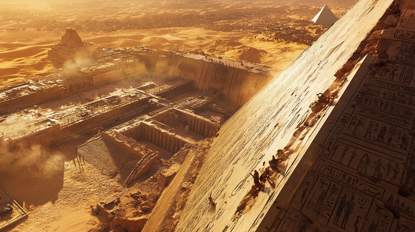 Craftsmen carving hieroglyphs on majestic Great Pyramid.