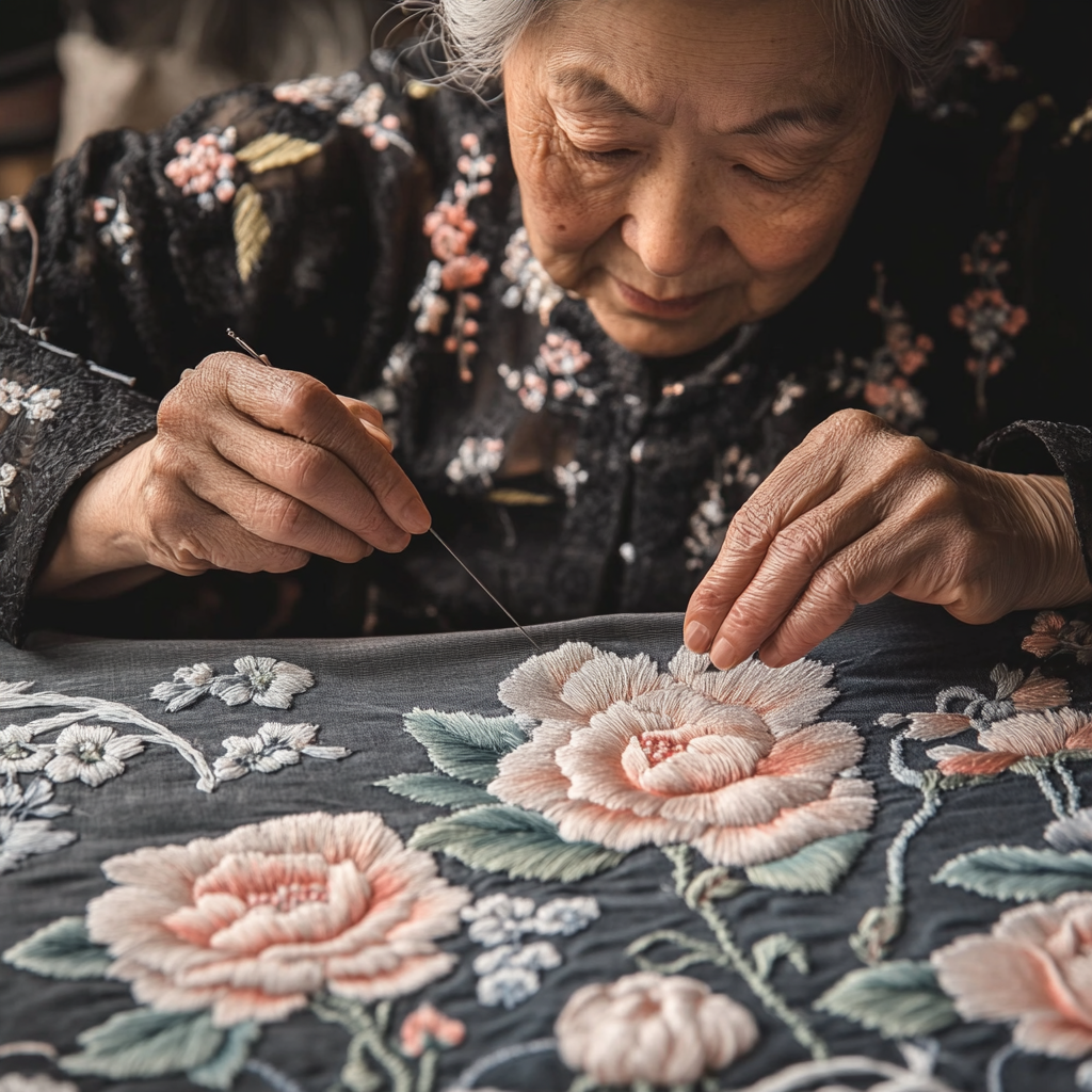 Craftswoman embroidering peony patterns, showcasing Chinese tradition