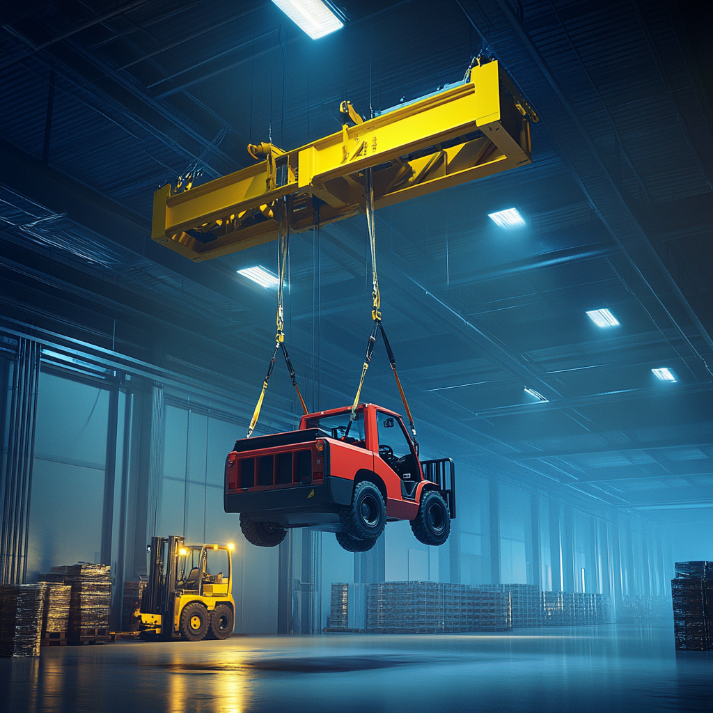 Crane lifting red forklift in bright shop floor.