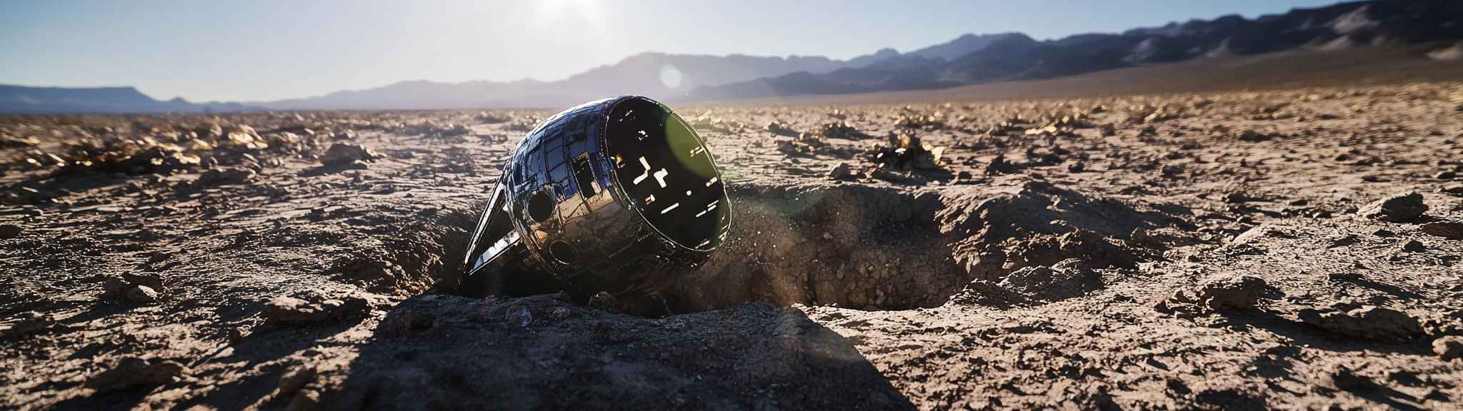 Crashed satellite in deep desert hole, charred with metal.