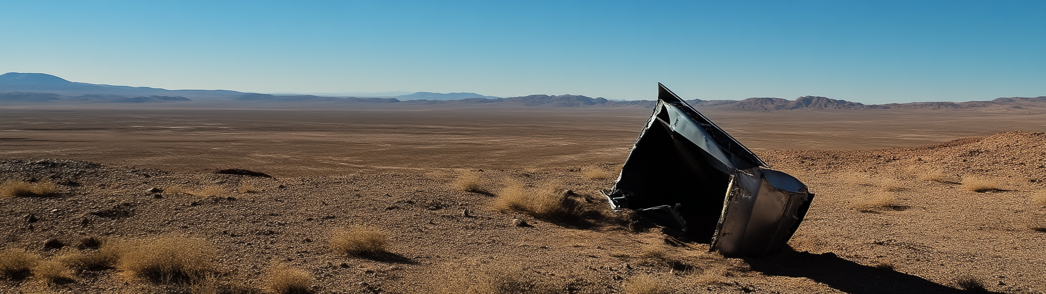 Crashed satellite in desert hole, sunny with mountains.