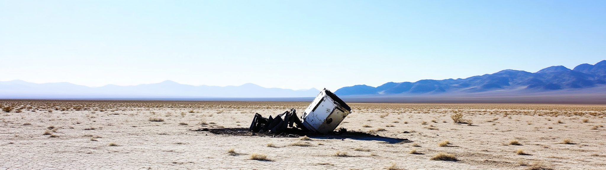 Crashed satellite in desert hole under sunny sky.