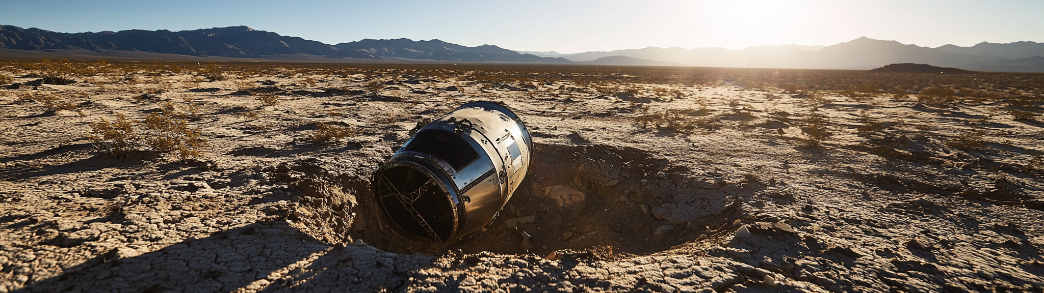 Crashed satellite in hole depression with clear sky.