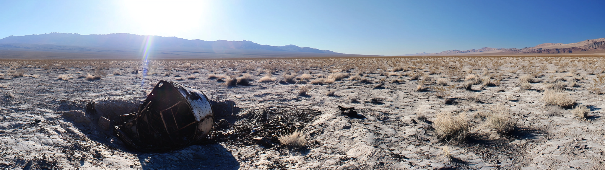 Crashed satellite in hole with charred metal, mountains. Lens flare.