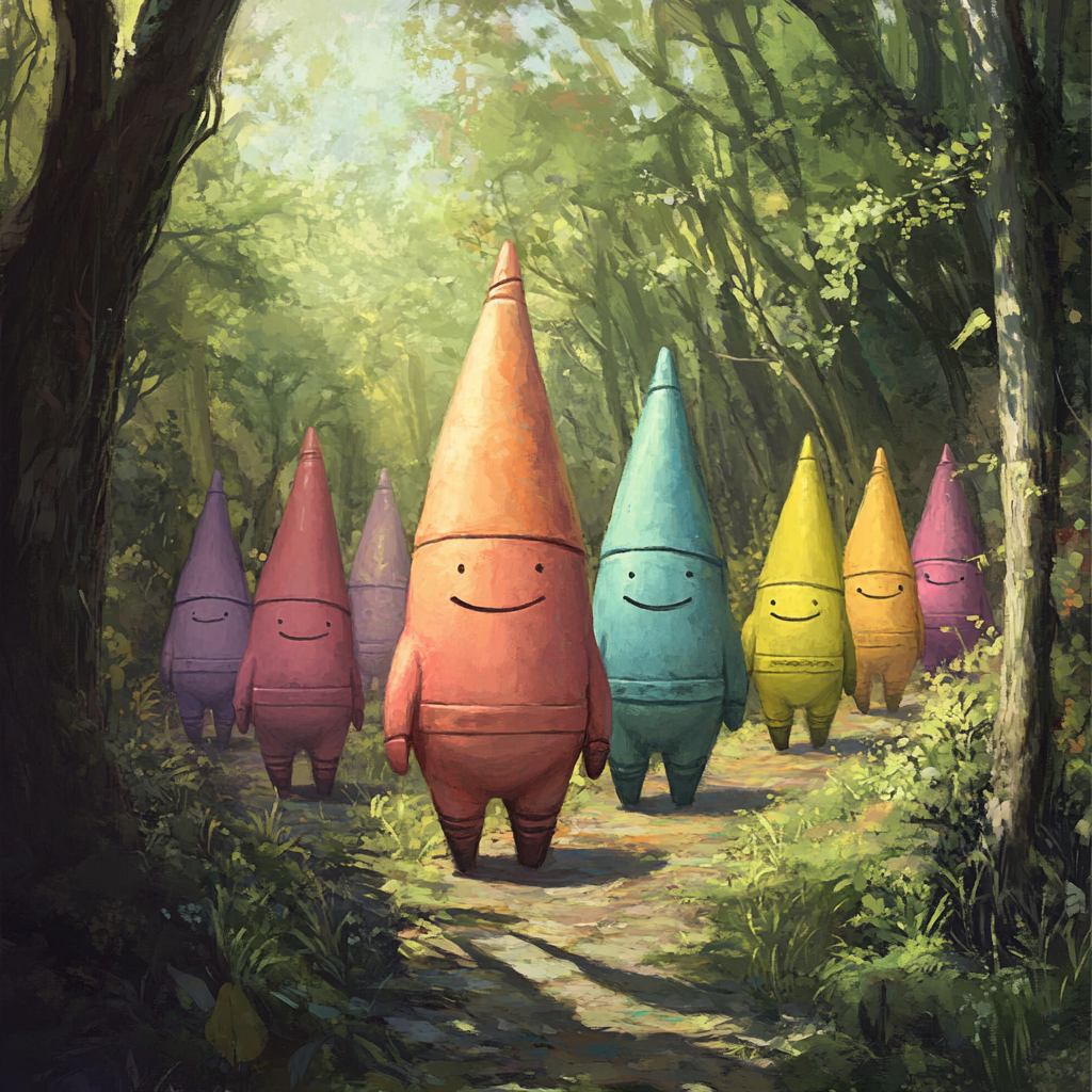 Crayon characters with cute faces walking in forest.