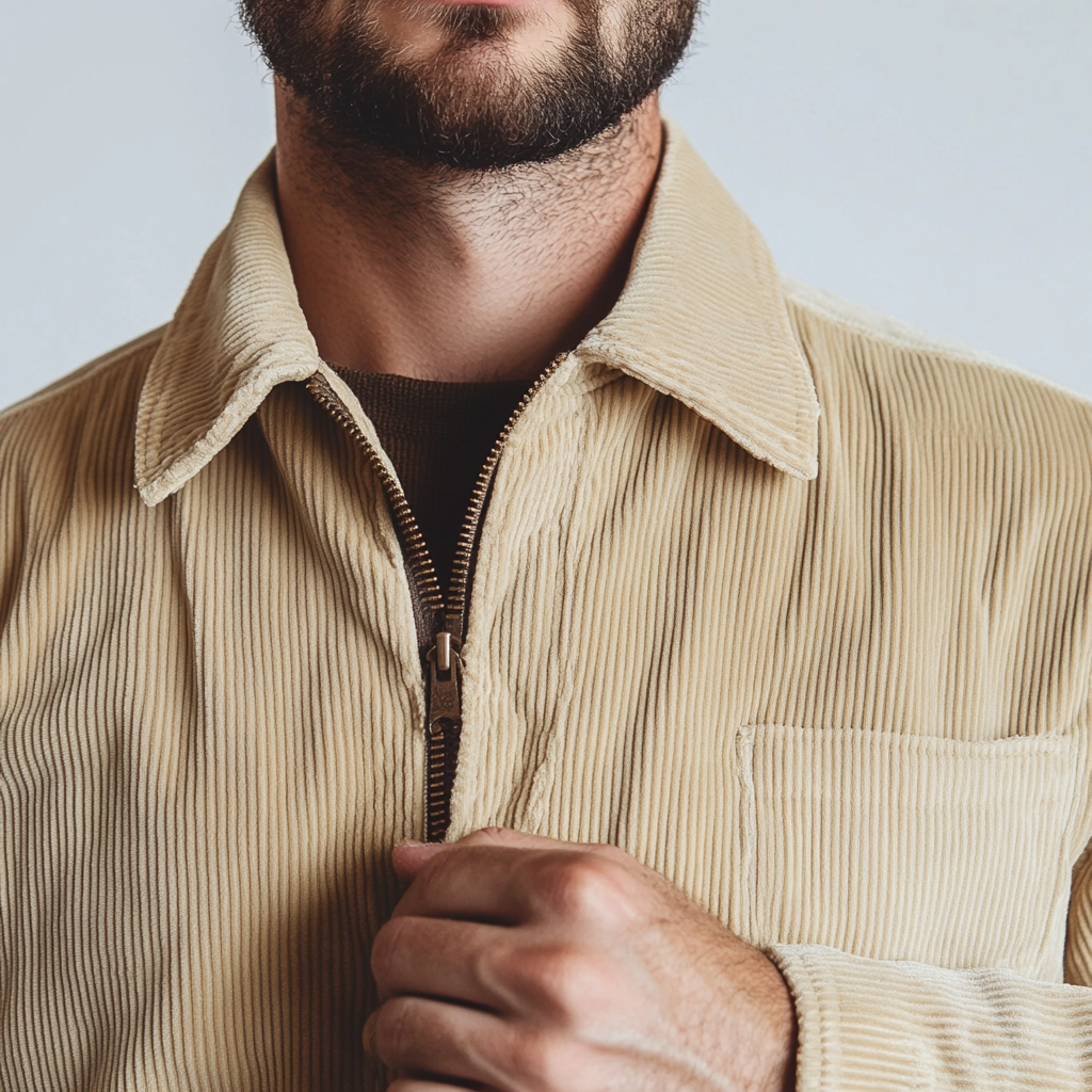 Cream corduroy full zip jacket with collar on man.