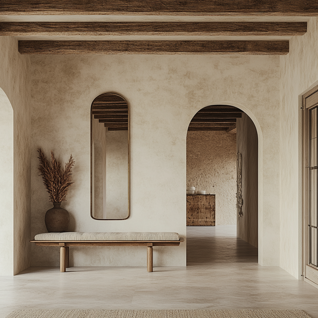 Cream resin walls and floor with bleached wooden beams.