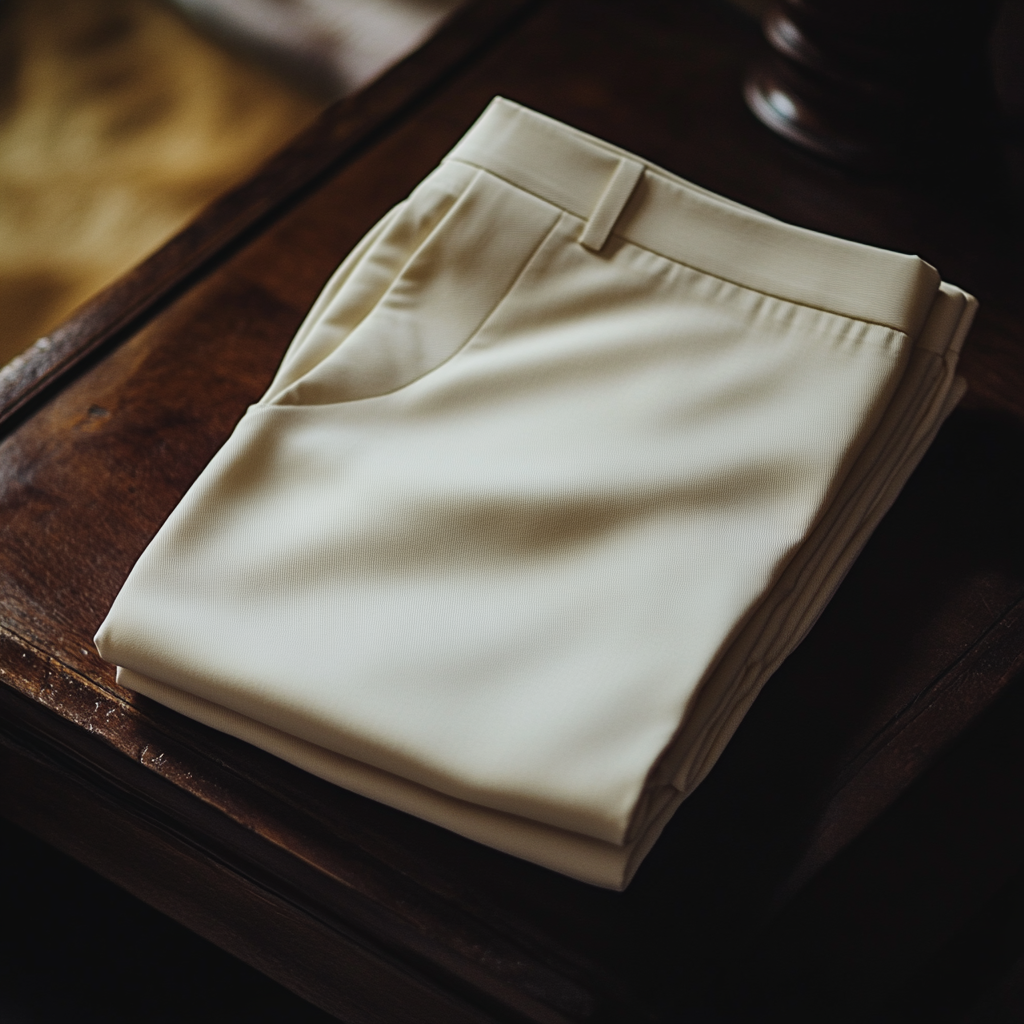 Cream trousers folded on polished wood, soft lit shot.