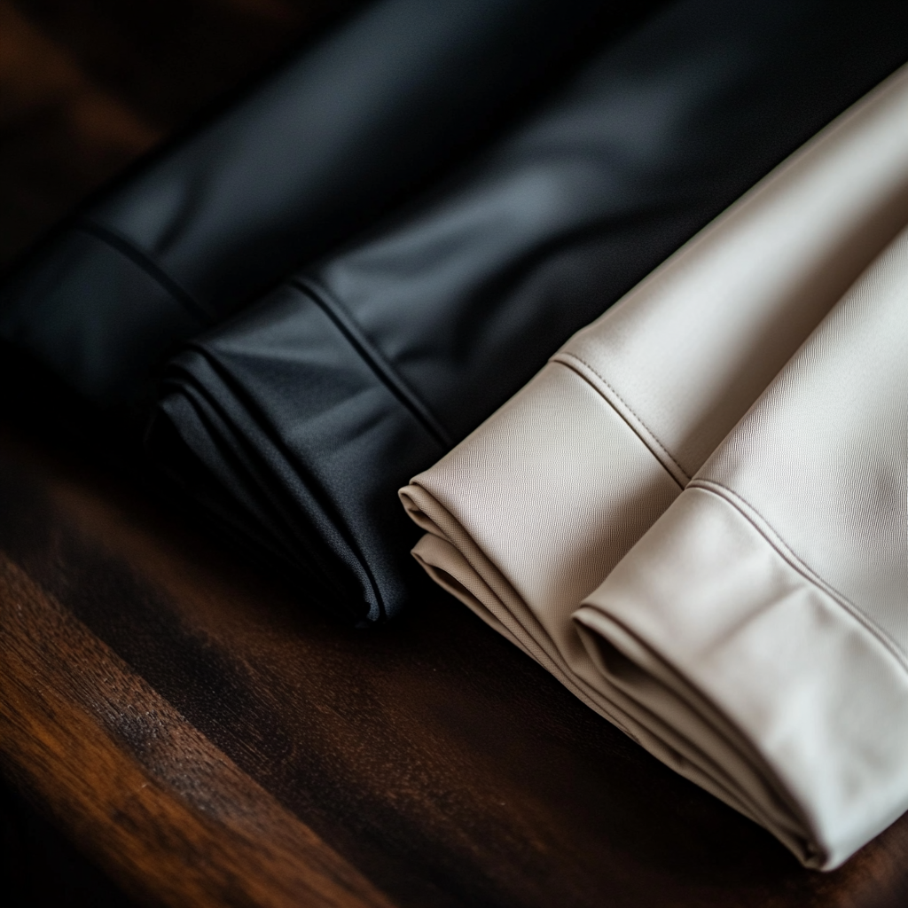 Cream trousers neatly folded on dark wooden surface.