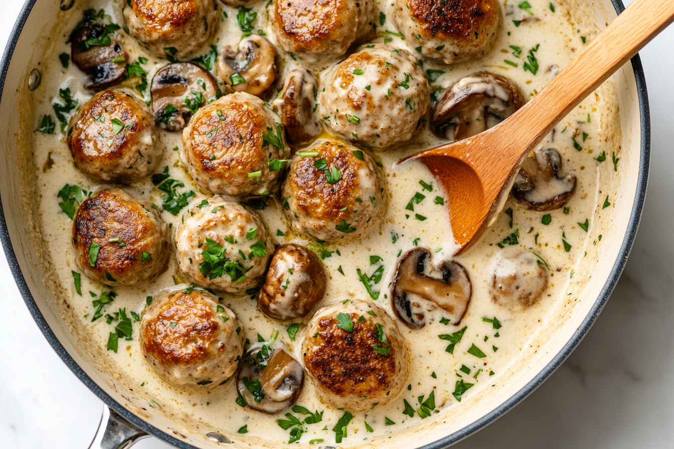 Creamy Garlic Parmesan Mushrooms Top View Shot