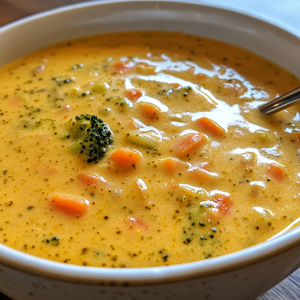 Creamy broccoli cheddar soup in cozy close-up bowl